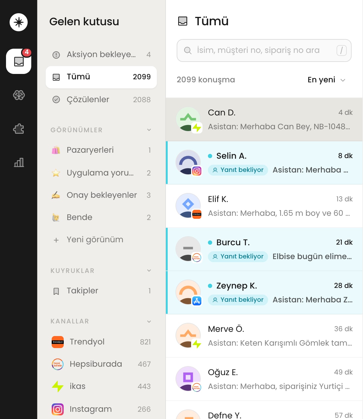 qsup gelen kutusu: Görünümler ve kanal menüsünün yanında ikas, Instagram, Trendyol, Hepsiburada ve App Store konuşmaları tek listede.