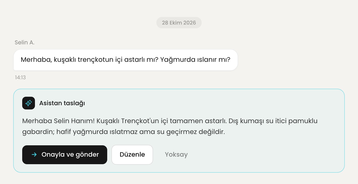 Müşteri trençkotun astarlı olup olmadığını soruyor; asistan taslağı Onayla ve gönder, Düzenle ve Yoksay seçenekleriyle onay bekliyor.